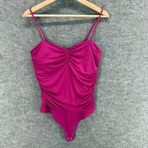 Express Bodysuit Women L Large Pink V-Neck Body Contour Sleeveless Gaphered